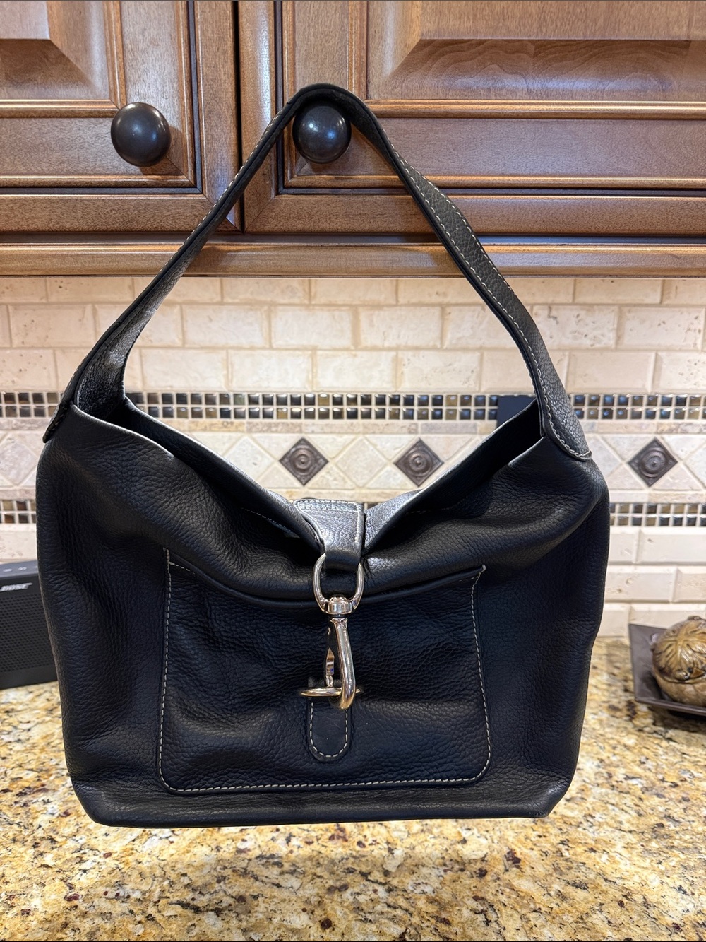 Dooney & Bourke Black Leather Shoulder Bag with Silver Hardware